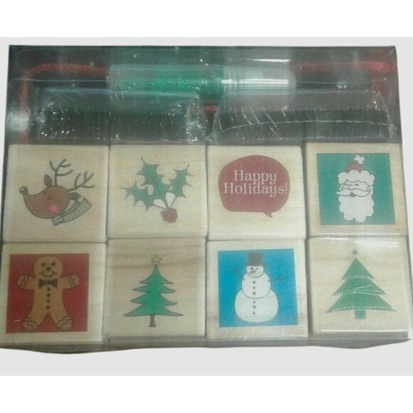 Christmas Themed 20 pc Rubber Stamp Set Ink Pads Glitter Pens Holiday NEW - Picture 1 of 3
